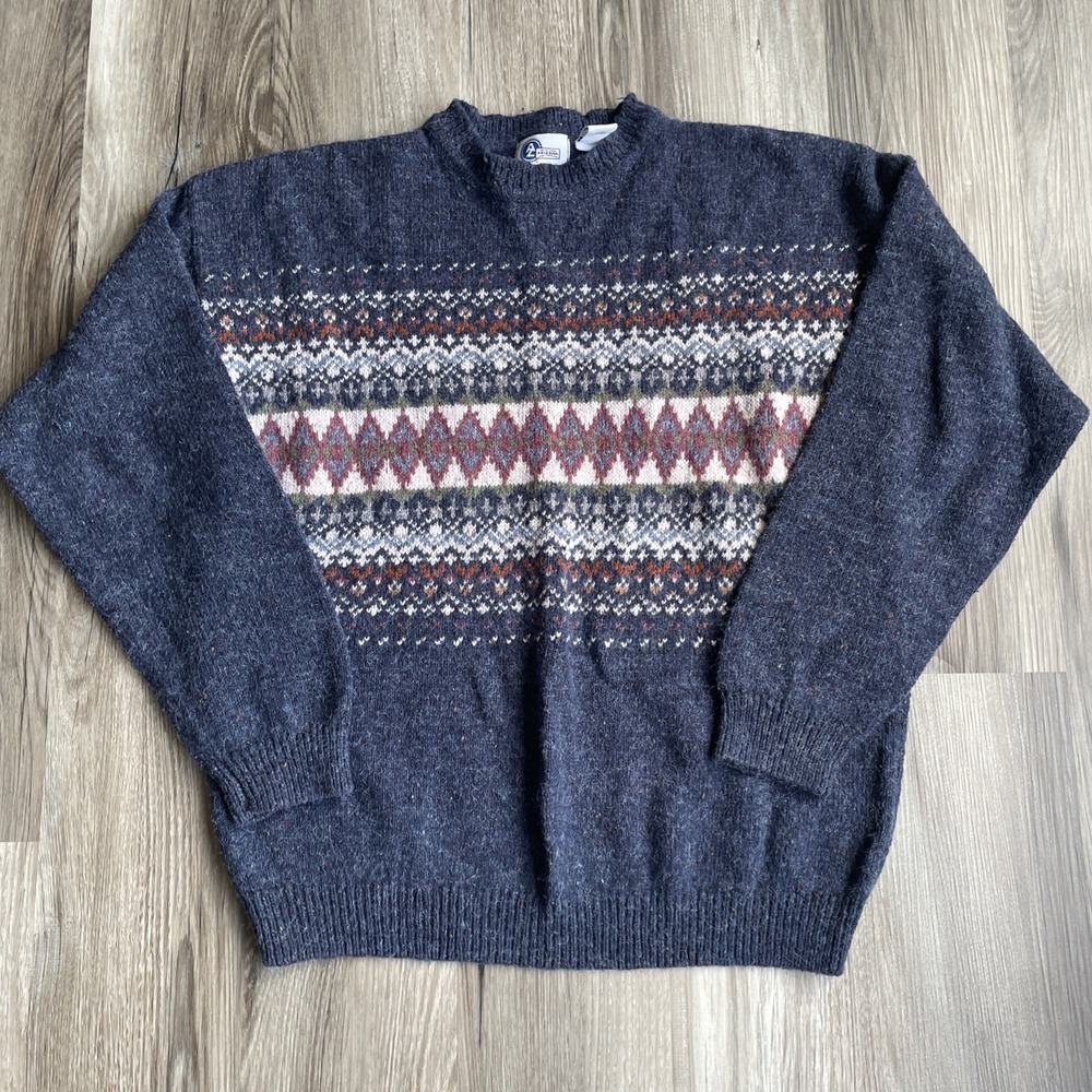 Vintage Y2K Arizona Jean Men's M Blue Fair Isle‎ Nordic Wool Ramie Knit Sweater